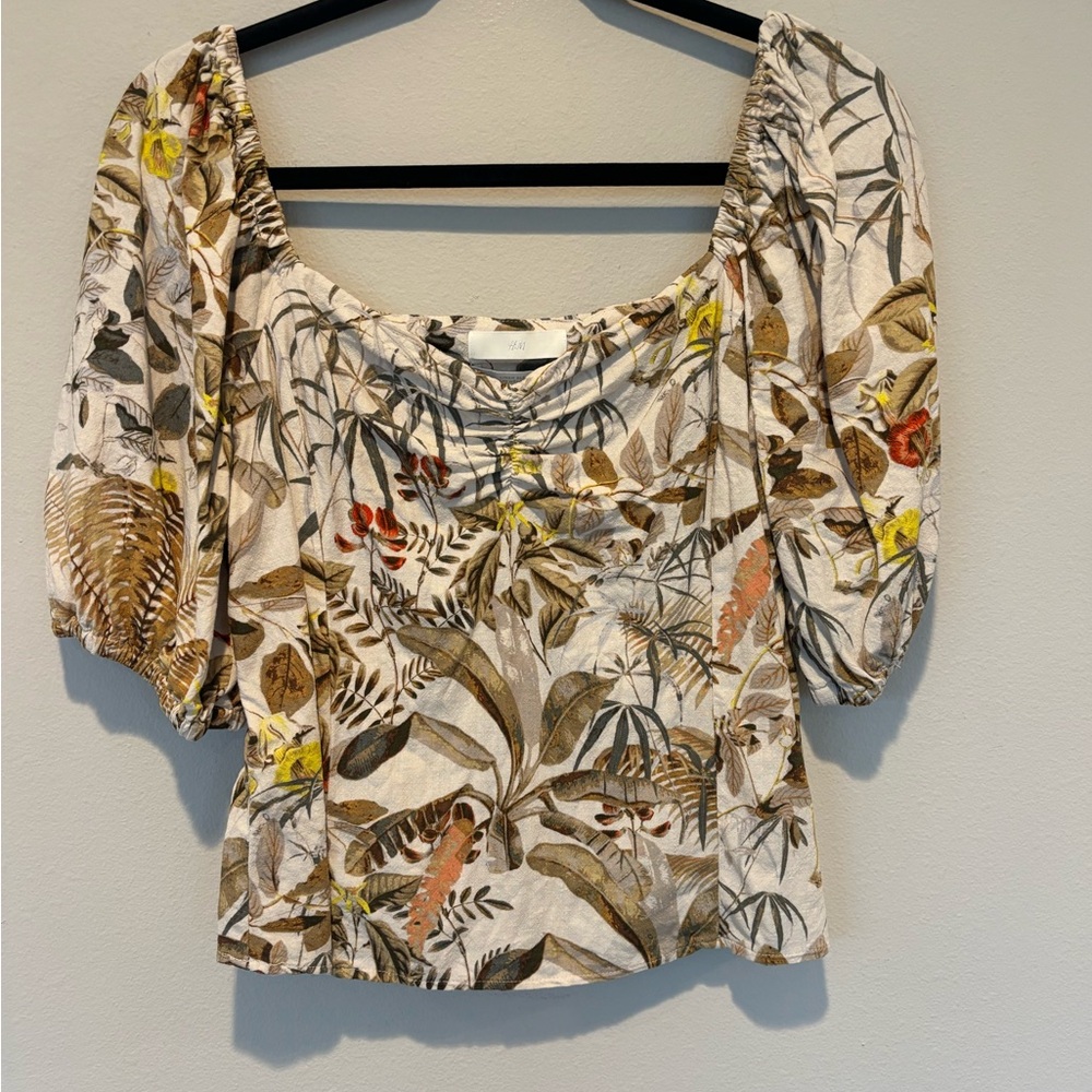 H&M White Tropical Square-Neck Linen Puff Sleeve Blouse 052